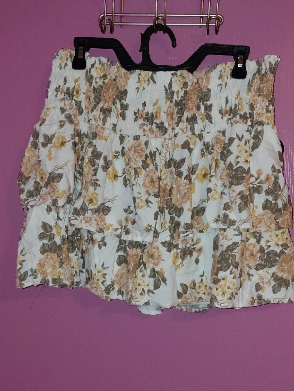 Wallflower White Floral Smocked Skirt with Tan & Olive Accents
